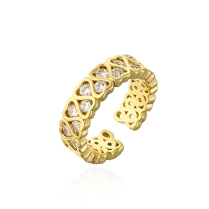 18K gold plated hollow heart open ring with clear zircon crystals on white background