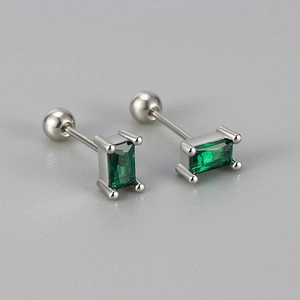 Silver geometric earrings with green rectangular stones and screw ball back closure