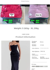 Détails de la robe sirène rouge incluant le poids du tissu et le tableau des tailles complet