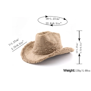 Detailed size specifications for the faux rabbit fur cowboy hat including crown height