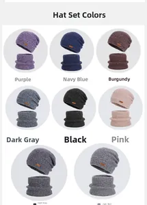 Vue détaillée des ensembles bonnet et tour de cou en tricot disponibles en 8 couleurs