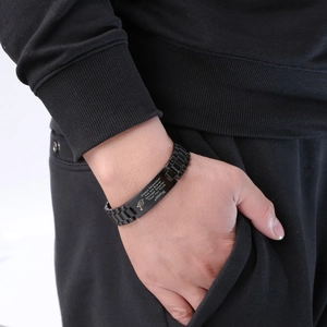 Black stainless steel watch link bracelet engraved with inspirational graduation quote