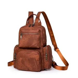 Retro brown PU leather women's backpack with multiple zippers and bronze metal hardware