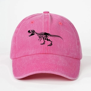 Macro detail of the dinosaur skeleton embroidery on the washed pink cotton baseball cap