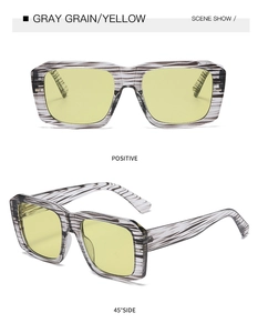 Front and 45 degree side view of gray grain square sunglasses with yellow lenses