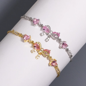 Adjustable bow and pink heart zircon bracelets in gold and silver finish for women