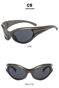 Front and side views of grey Y2K wrap-around sports sunglasses with a futuristic frame
