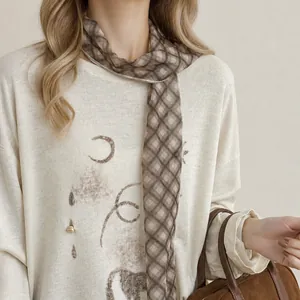Elegant vintage checkered cloth print scarf necklace styled with cream top for women