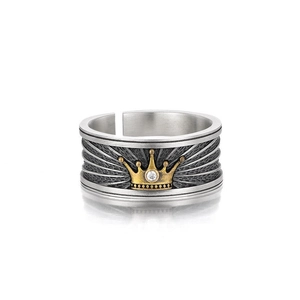 Vintage silver stackable ring for men with golden crown relief and sparkling crystal inlay