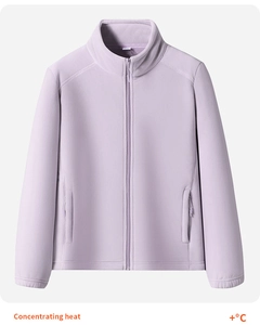 Detail view of light purple fleece jacket featuring a full zipper and stand collar texture