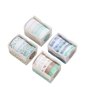 Watercolor and geometric washi tape set with five rolls for DIY scrapbooking and stationery