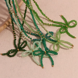 Handmade Faceted Artificial Crystal Green Beads Bow Pendant Necklace Stainless Steel Neck Chain For Women Elegant Fashion Jewelry
