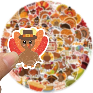 Close-up of a cute cartoon turkey sticker with waterproof coating for Thanksgiving decor