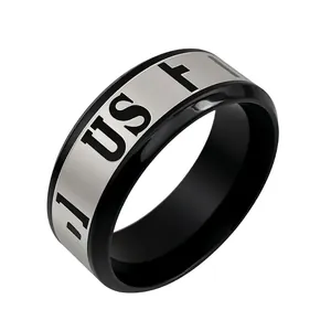 Men's titanium steel ring with black plated edges and brushed metal center showing UST text