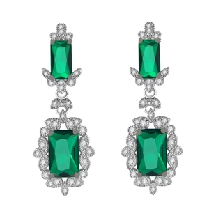 Elegant emerald green rectangular zircon drop earrings in high-quality silver finish