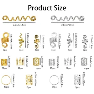 180pcs gold and silver dreadlock jewelry set with snake, crown and spiral hair cuffs
