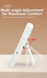Detail of white rectangular LED makeup mirror showing 180-degree adjustable folding stand