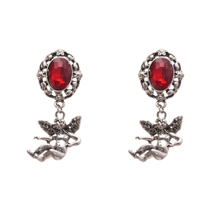 Vintage palace style earrings with oval red gems and black rhinestone angel pendants