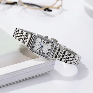 Women Rectangular Quartz Watch Stainless Steel Band Water Resistant Roman Numeral Dial Elegant Fashion Dress Wristwatch