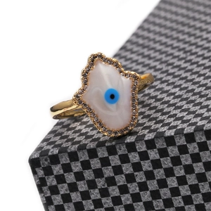 Hamsa Hand open ring in 18K gold plated copper with shell inlay and evil eye stone