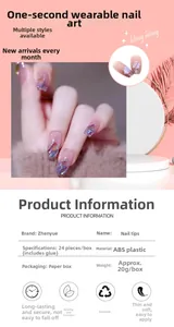Detail showing gradient pink purple press-on nails with glitter and ABS material specs