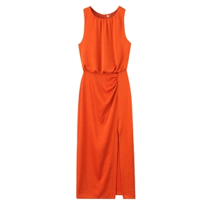 Orange sleeveless satin midi dress featuring a pleated waist and elegant side slit