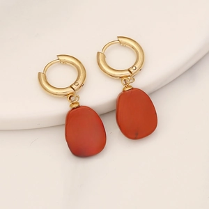 Cross charm earrings with red natural stone and gold stainless steel hoops