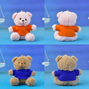 Front and back detail views of small plush teddy bear charms in pink and brown colors