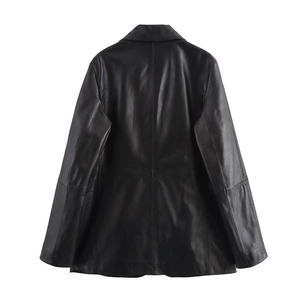 Back view of a trendy black PU leather jacket with a minimalist oversized street style