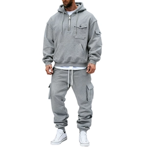 Chándal con Forro Polar para Hombre Sudadera con Capucha de Media Cremallera y Pantalón Cargo Conjunto Cálido de Invierno