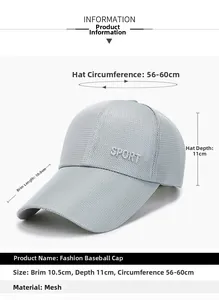 Detaillierte Größenangaben für Mesh-Baseballkappe mit 10,5 cm verlängertem Schirm