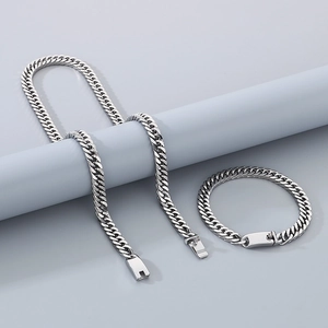 Polished silver stainless steel Cuban link necklace and bracelet set in hip-hop style