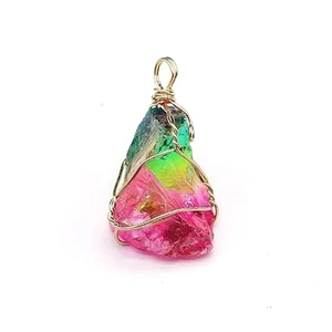Natural wire wrapped crystal pendant necklace with handmade golden wire and raw gemstones