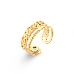 Bague ouverte dorée double épaisseur avec anneaux chaînette et torsadé, fond blanc