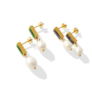 French style baroque pearl earrings with zircon inlay in gold-plated stainless steel