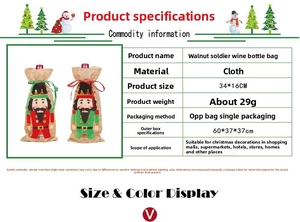 Nutcracker Christmas wine bottle cover details with burlap texture and 34x16cm dimensions