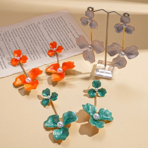 Bohemian floral pearl earrings in orange green and violet colors with gold finish
