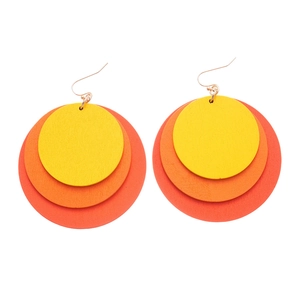 Fashionable geometric round wooden earrings with vibrant yellow and orange gradient circles