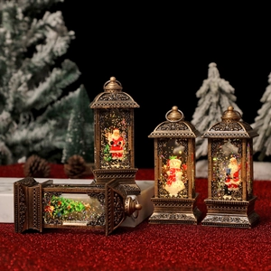 Vintage bronze Christmas lanterns with Santa and snowman on red glitter base