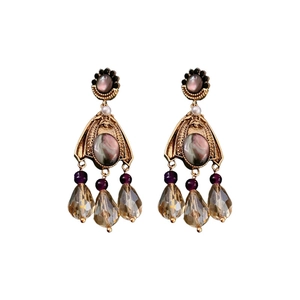 Vintage gold earrings with crystal tassels and pink oval gemstones on white background