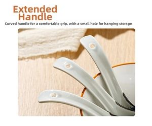 Macro view of long-handled ceramic spoons with hanging holes and curved ergonomic design