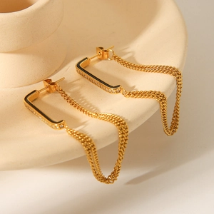 18k gold plated stainless steel chain drop earrings with black enamel and zircons