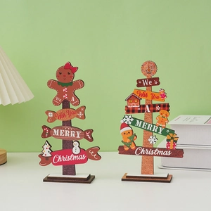 Festive wooden Christmas tabletop trees with gingerbread man and candy cane holiday designs