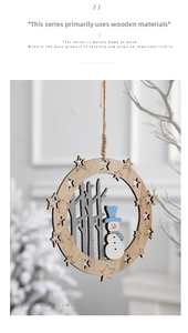 Detail of wooden Christmas ornament with star frame and snowman scene on twine