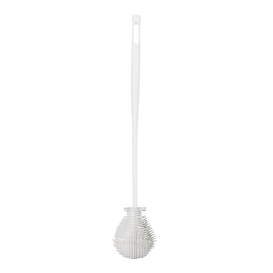 White silicone bottle brush with long handle and flexible bristles on white background