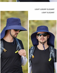 Detail of dark blue wide brim sun hat with neck flap and windproof drawstring for hiking