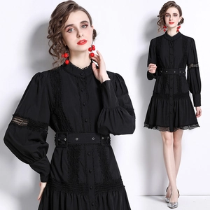 Women Elegant Lace Patchwork Mini Dress Lantern Sleeve Stand Collar Button Down Slim Fit Vintage Dress With Belt Black