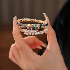 Heart Shape Zircon Open Bangle Bracelet Copper Luxury Retro Palace Style Elegant Fashion Jewelry For Women