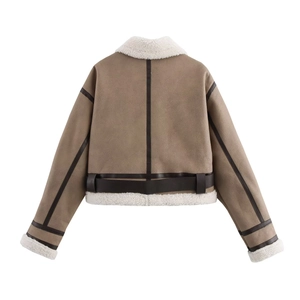Back view of a vintage brown shearling aviator jacket with white faux fur trim and belt