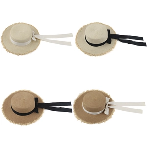 Women Wide Brim Boater Hat Straw Flat Top Sun Hat Ribbon Bow Fringed Edge Summer Beach Travel Elegant